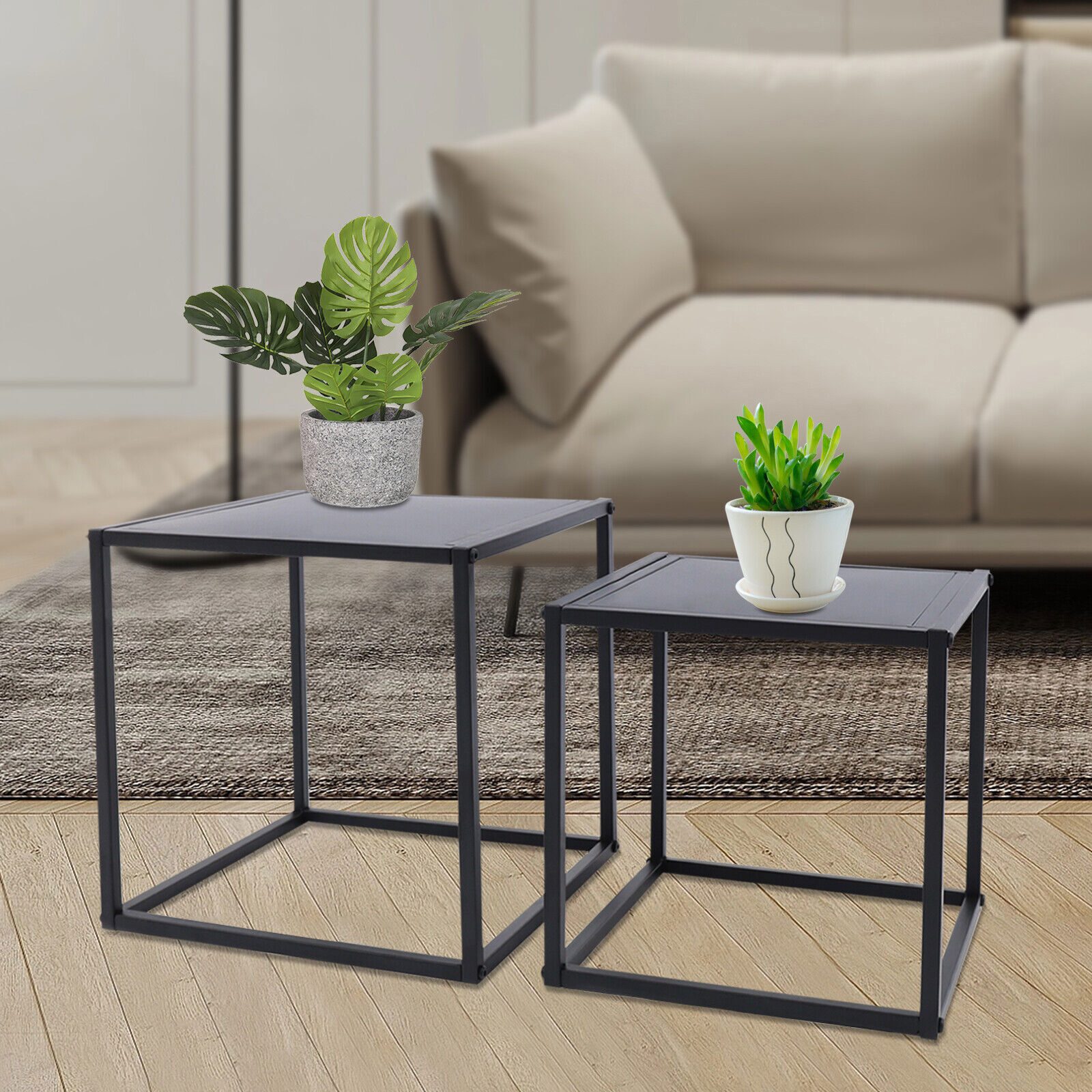 2PC Square Coffee Table End Table Modern Metal Side Table Matt Black Home Office