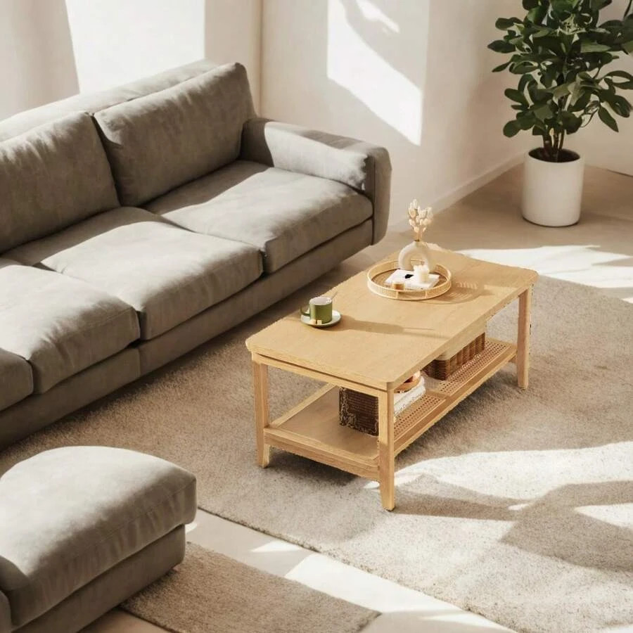 2-Tier Coffee Table Rectangular Center Table PVC Rattan Storage