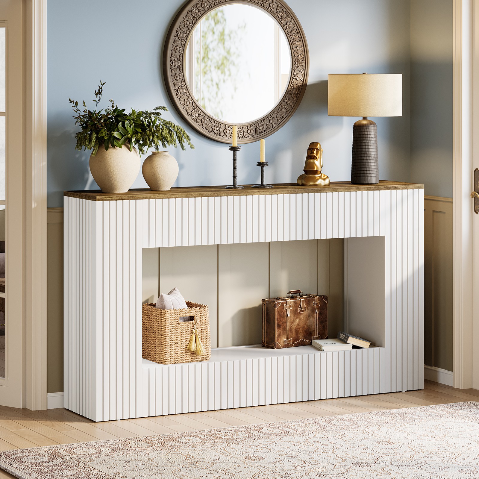 55-Inch Modern Console Table Long Wood Narrow Entryway Table w/ Storage Shelves