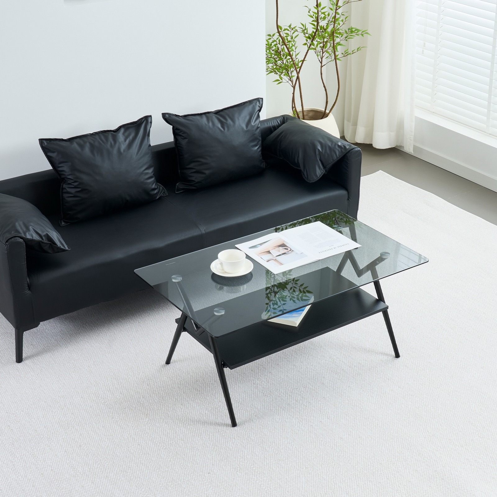 W38.6″ Tempered Glass Metal Legs Coffee Table Sofa Cocktail Centre Table w Shelf
