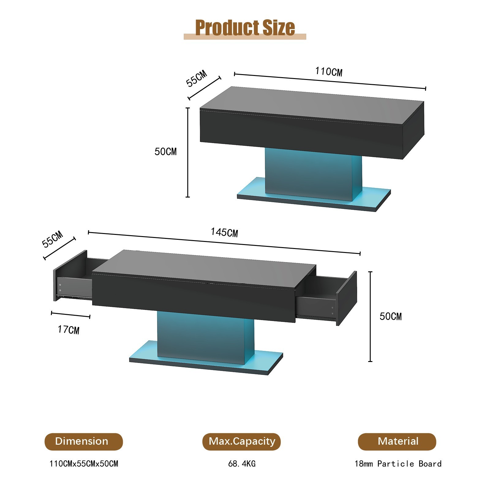 High Glossy Led Coffee Table with 2 Storage Drawers for Living Room Center Table