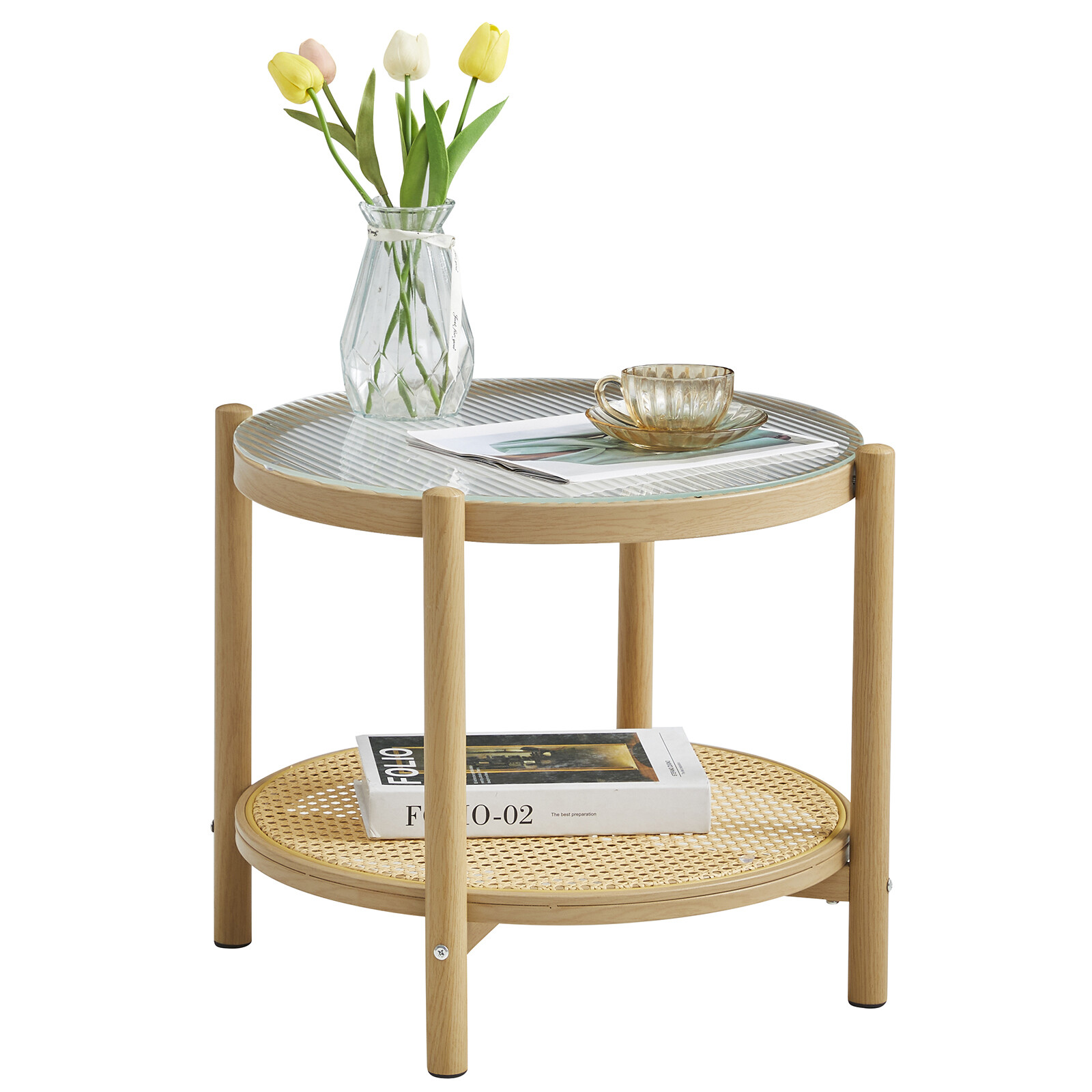 Modern Round Rattan Glass Metal Coffee Table Small 2-Tier End Table Living Room