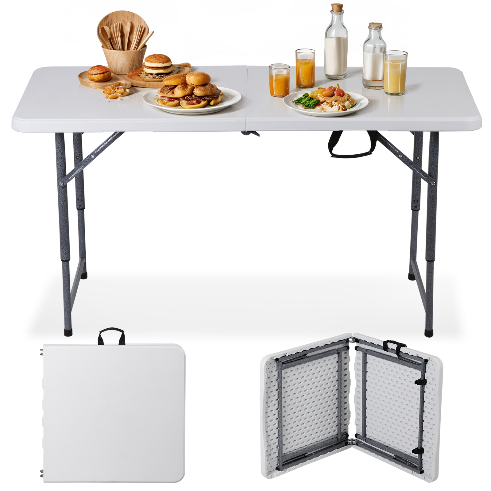 4ft Folding Table Adjustable Height Dining Table for Party Camping Picnic White