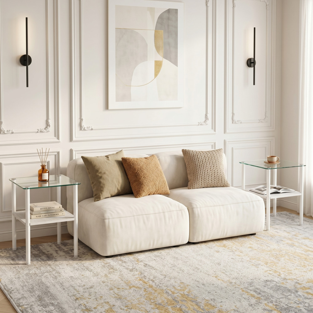 Modern 2-Piece Glass Side Table, Tempered Top with Storage Shelf, Metal Legs