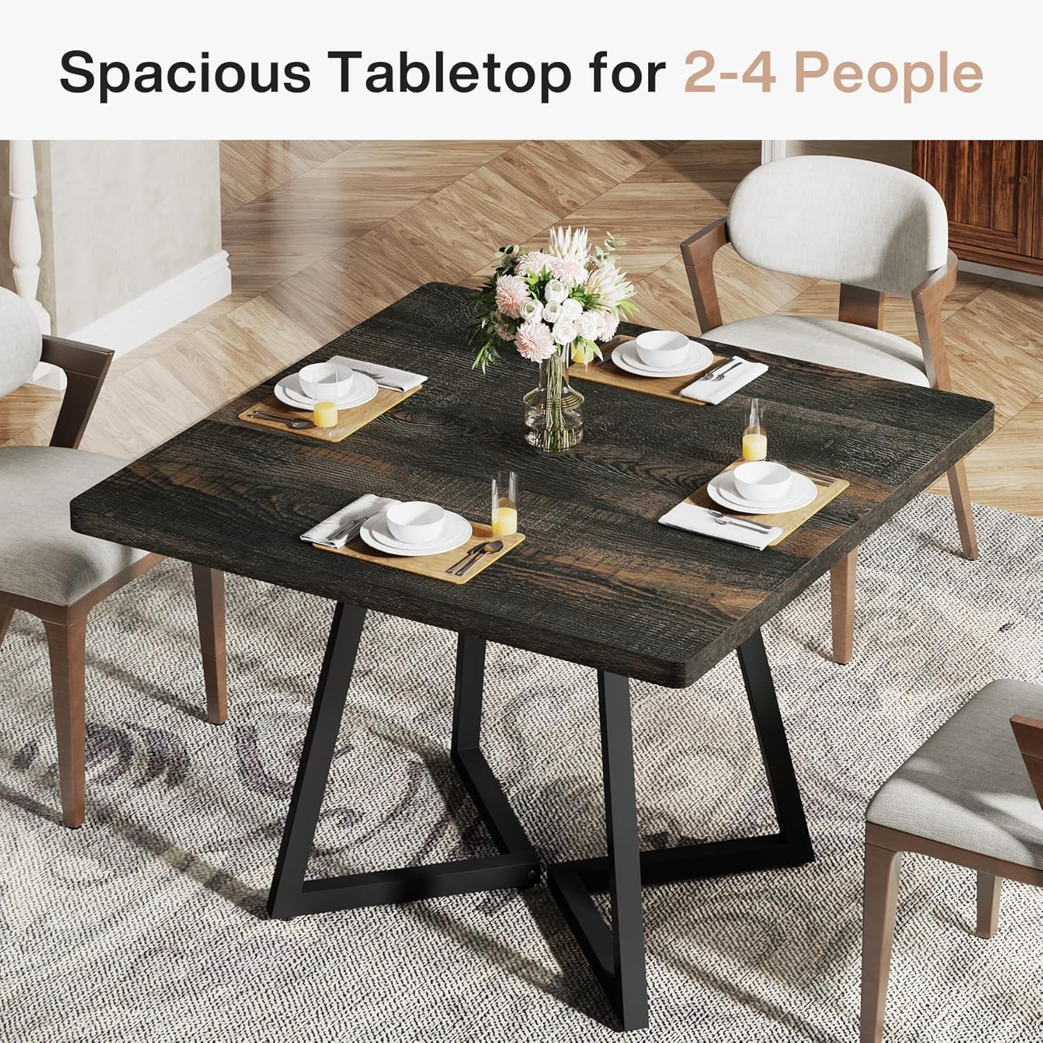 Square Dining Table for 2-4, 31.5″ Industrial Small Kichen Table with Metal Base