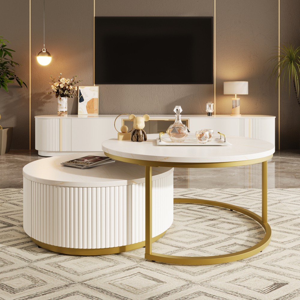 Round Nesting Coffee Table with Grooved Drawers