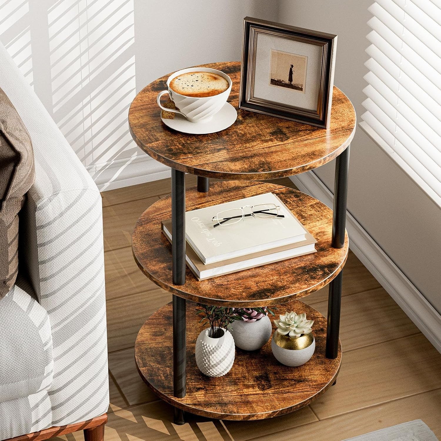 3 Tier Small Round End Table Industrial Vintage Nightstand Side Table Rustic Bro