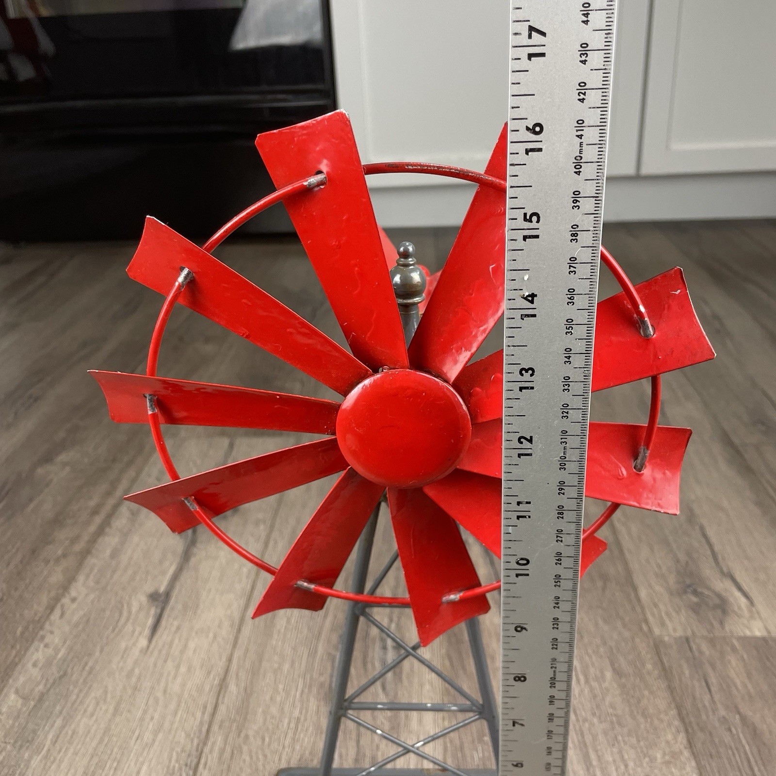 Vintage Small Metal Red Table Top Windmill Tower 8.5” Blade About 16” Tall
