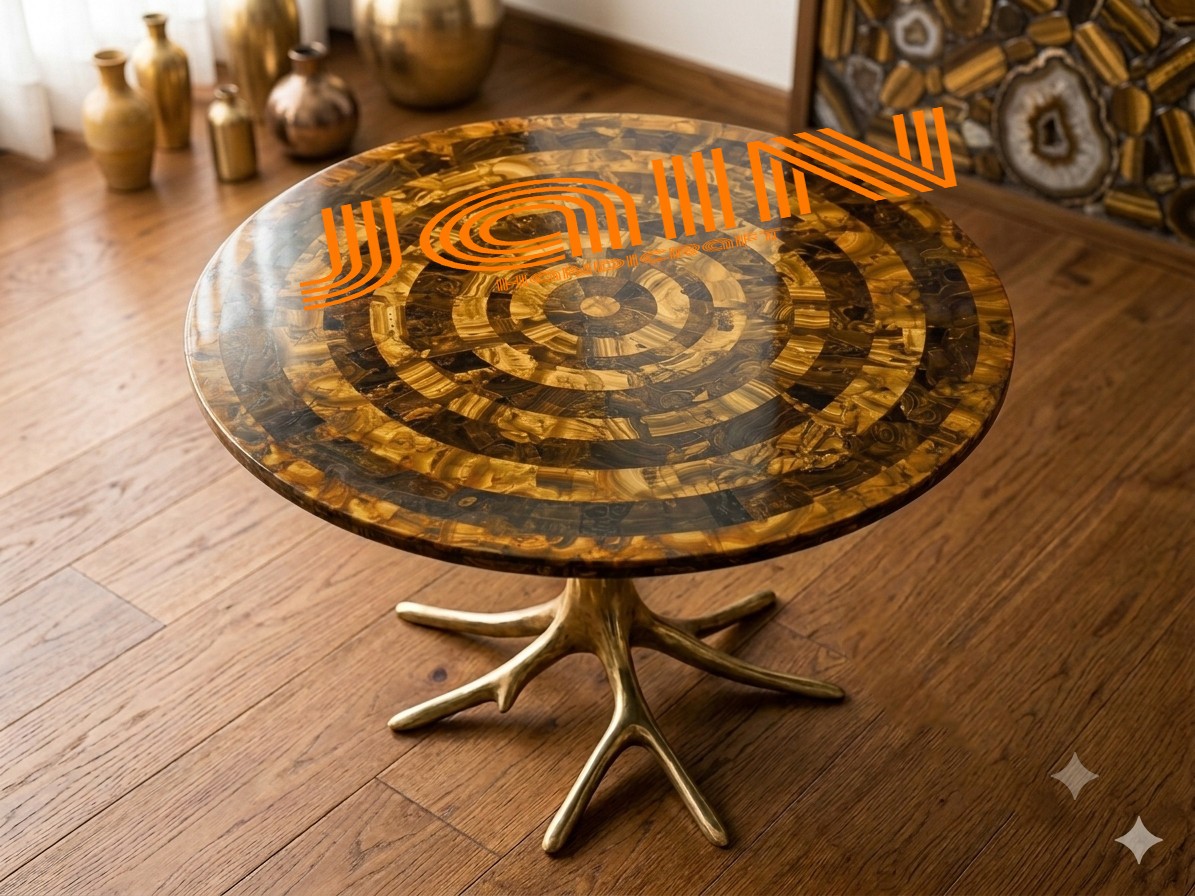 24″ Black Marble Table Top Coffee Inlay Tiger Eye Stone Mosaic Handmade Antique