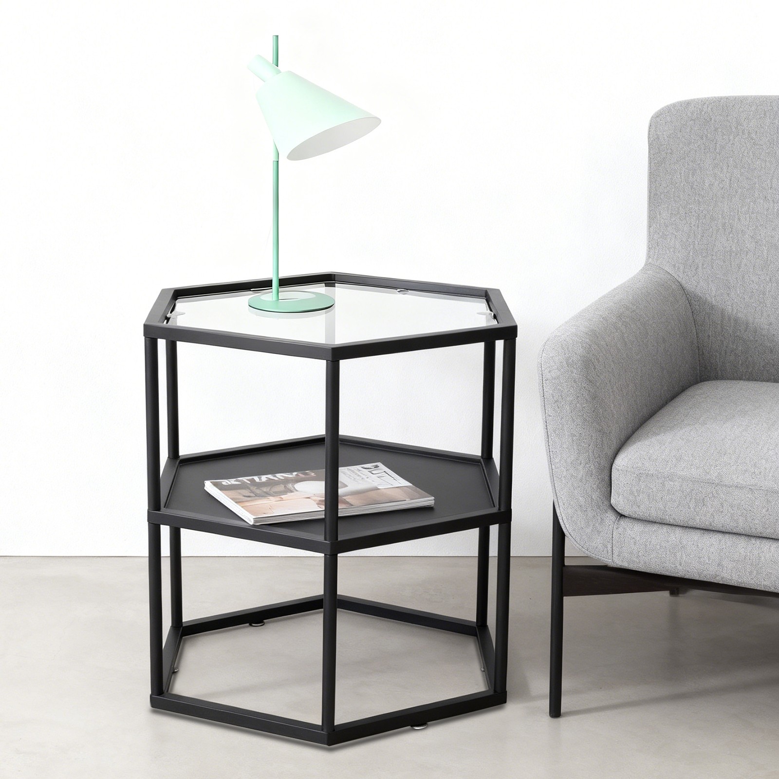 2-tier Hexagon Side 18inch Top Double Shelf Table 50lb 24inch Table For Bedroom