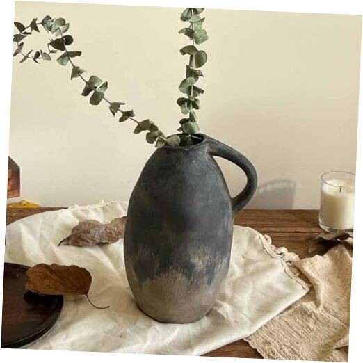 Rustic Ceramic Vase with Handle, Farmhouse Handmade Pottery Vase, Vintage Black