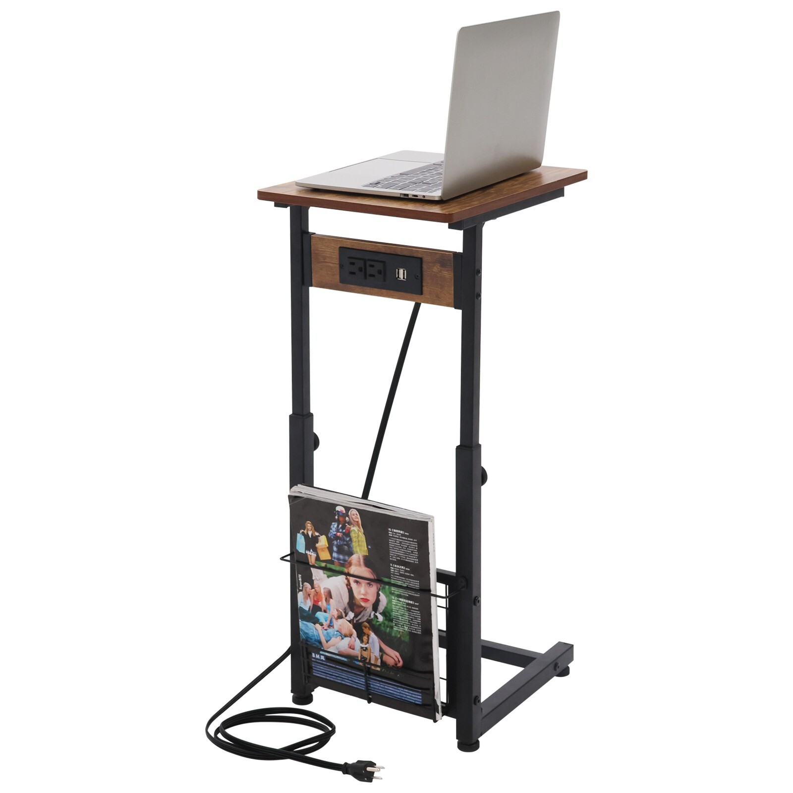 Adjustable Height C-Shaped End Table Sofa Side Table with Charging Station & USB