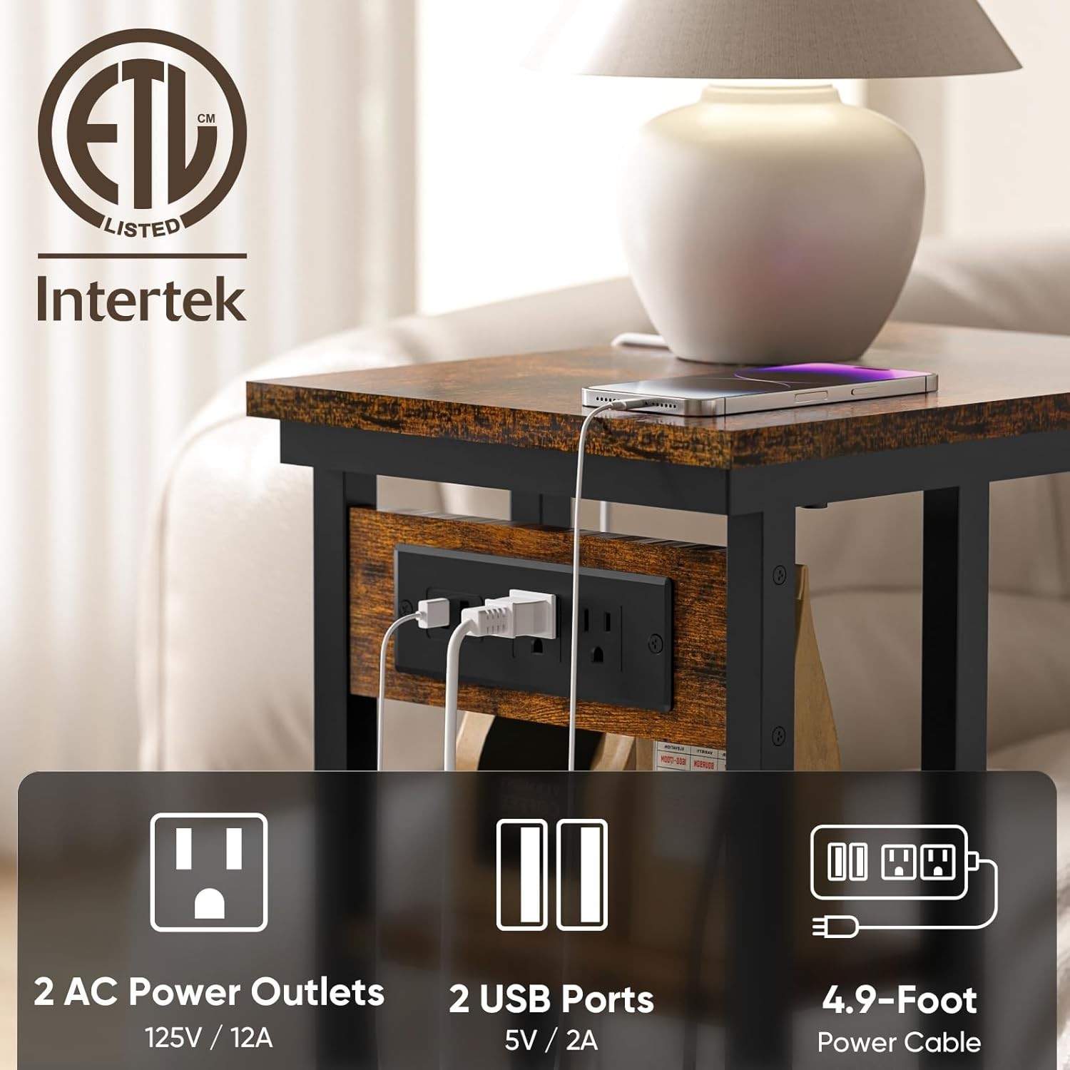 End Table with Charging Station and 2 USB Ports, C Table Storage Shelves, Couch