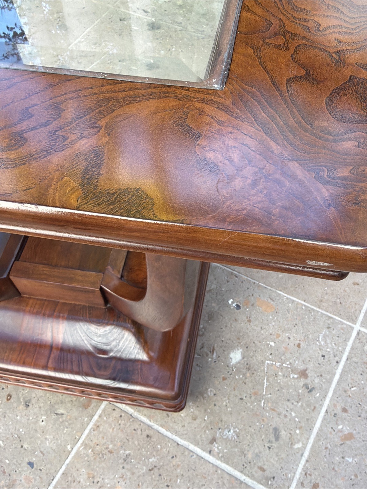 1 LARGE TULIP SHAPED GLASS TOP ELM WOOD SIDE END TABLE WITH HIDDEN BASE STORAGE