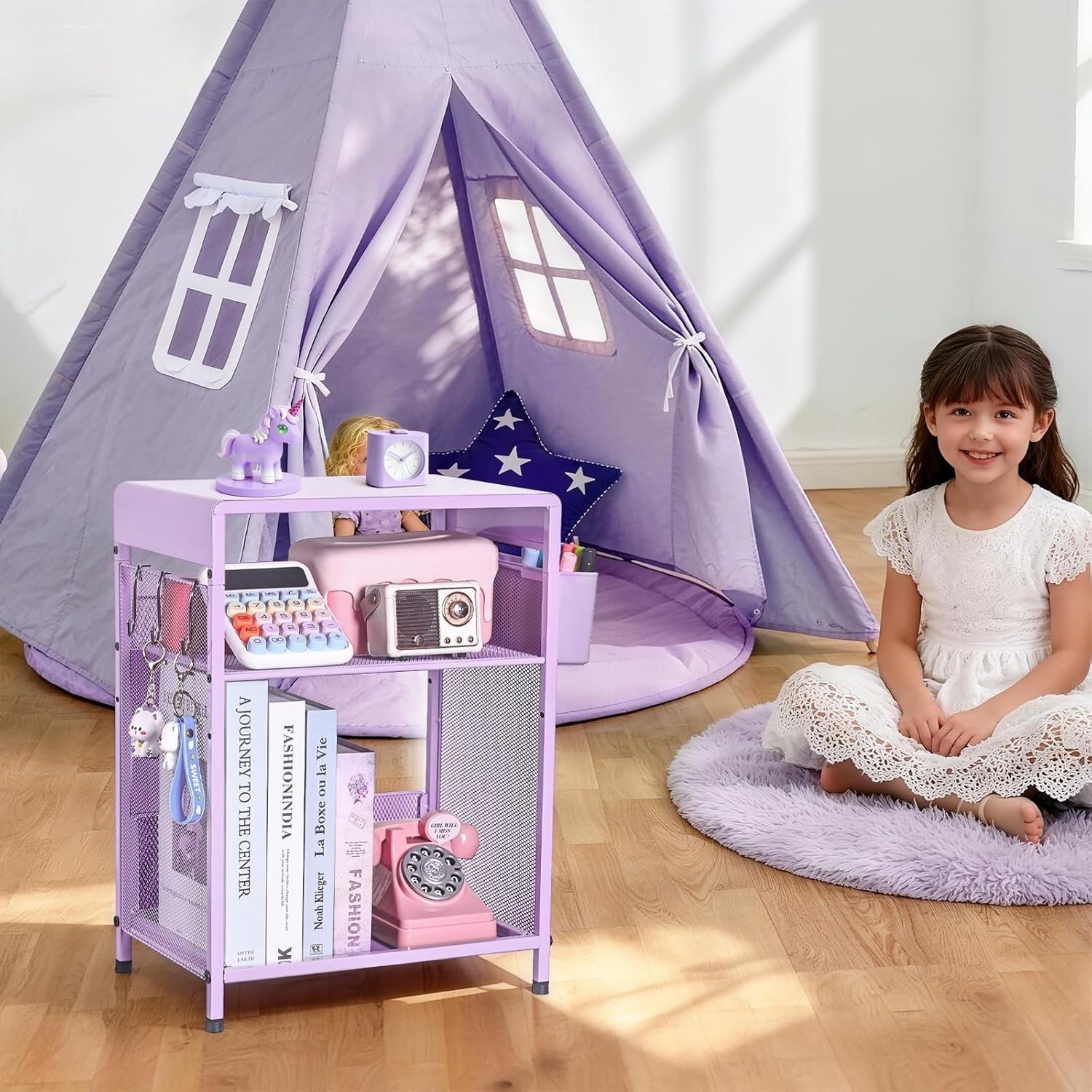 Purple Kids Nightstand 3-Tier Small Side Table Small Spaces Narrow End Table W/