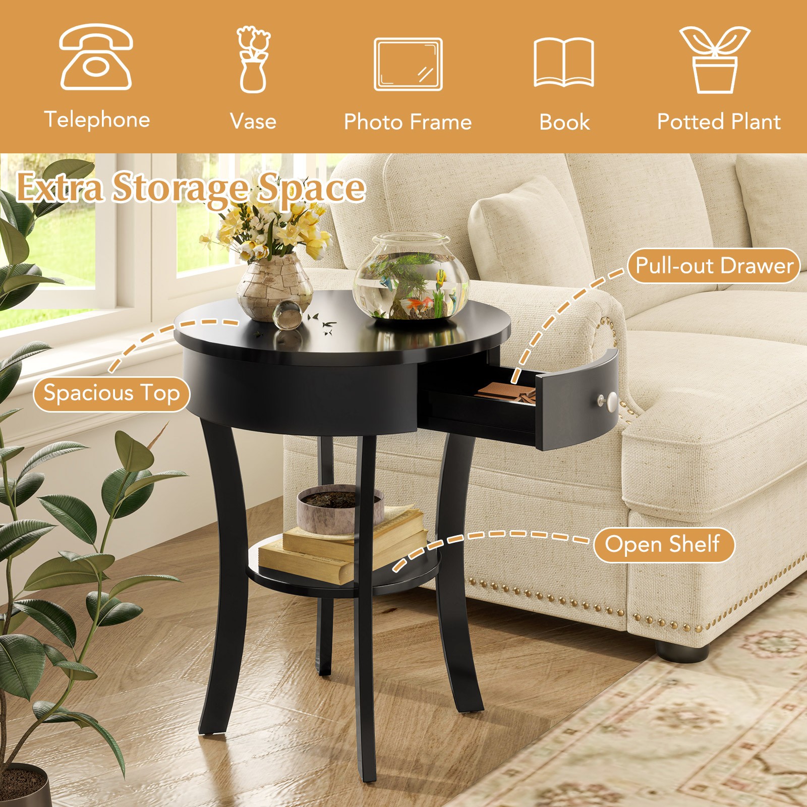 2-tier Side End Sofa Table Round Nightstand for Bedroom Living Room Black