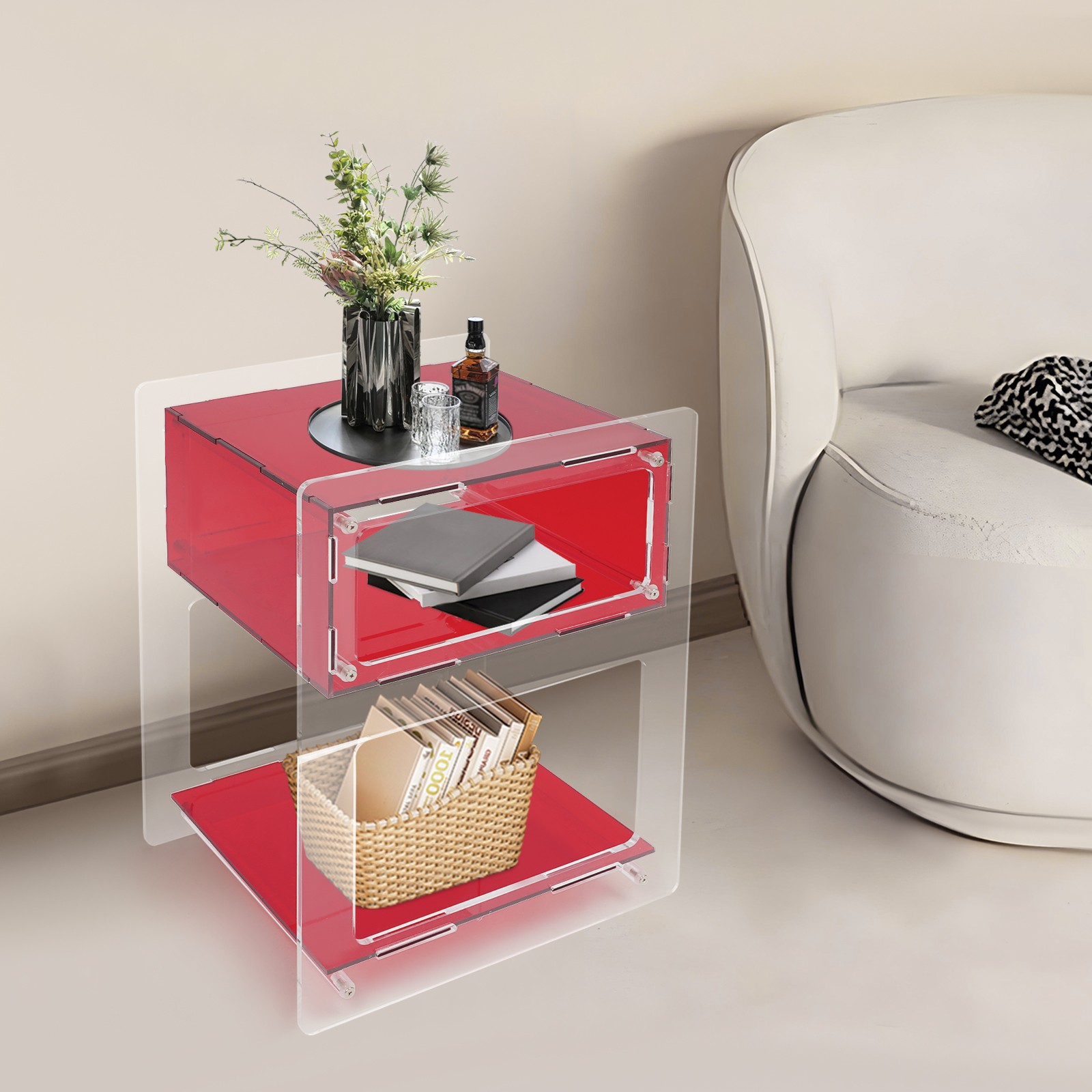 Red Acrylic Side Table, 20kg Max. Load Nightstand, 50cm Rectangle Storage Shelf