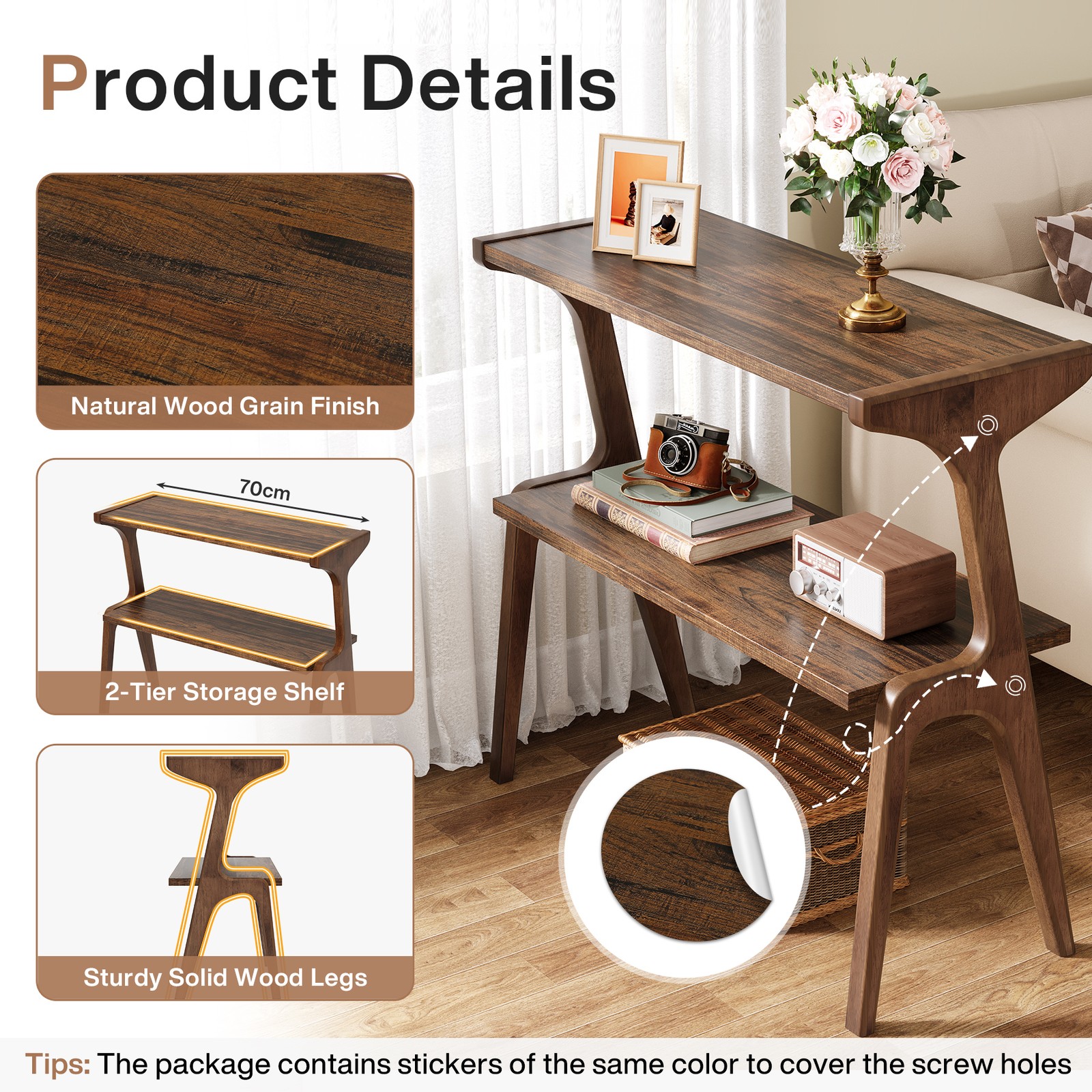 Solid Wood End Table, 2-Tier Side Table with Storage Shelf for Living Room,Brown