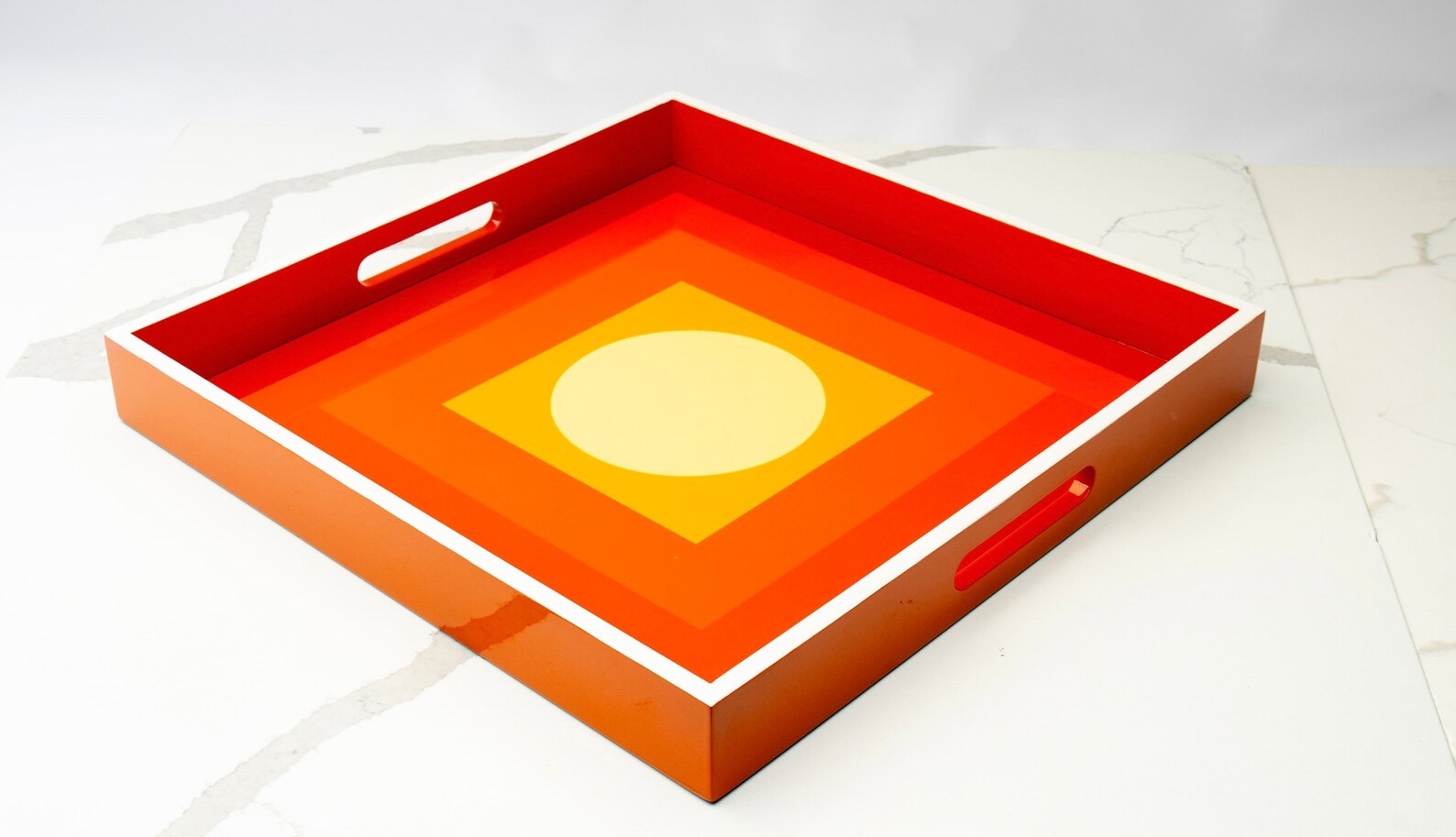 Handmade Vietnamese Lacquer Tray – Orange Geometric Design, Square 20” x 20” Woo