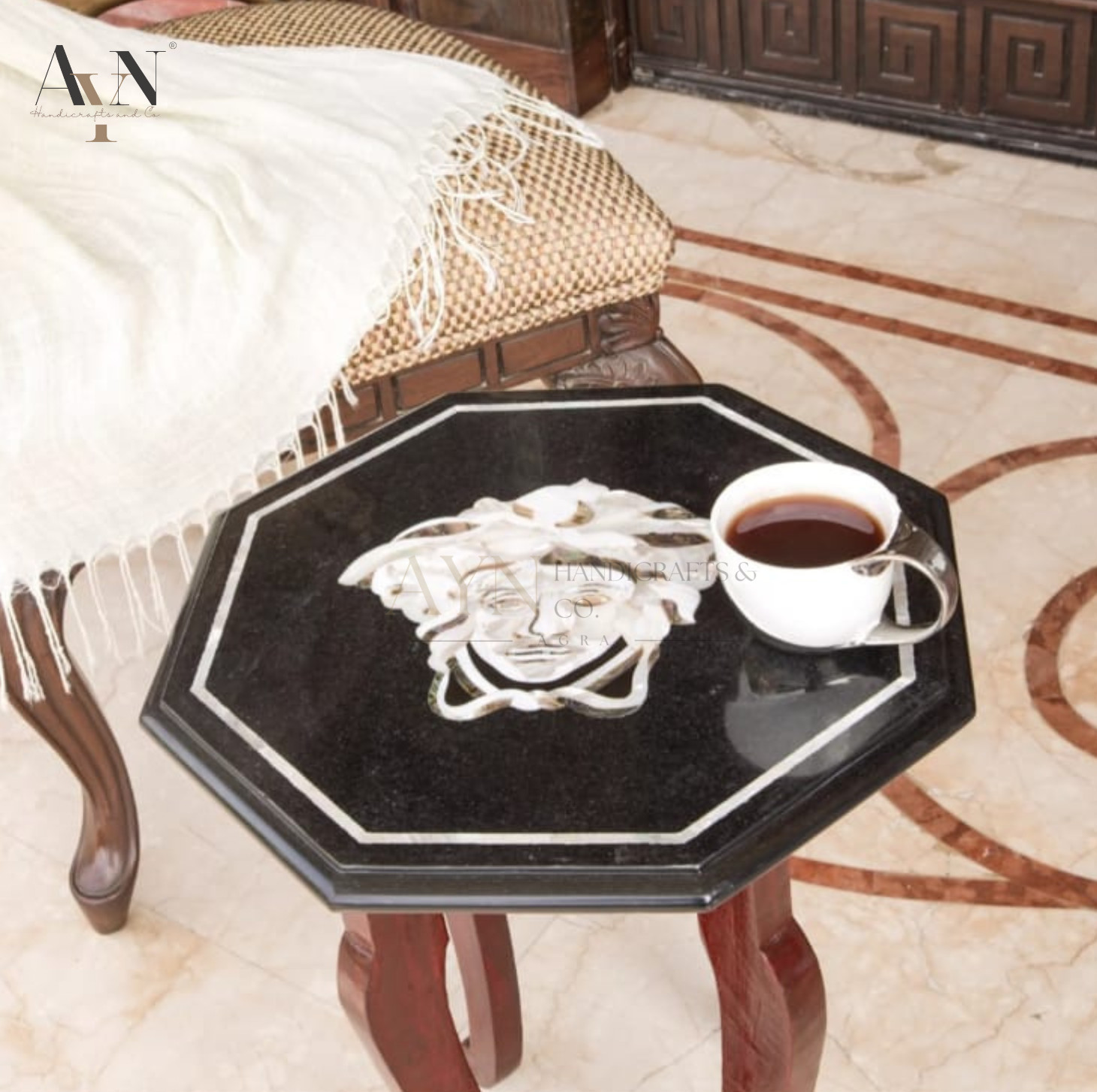 15″in Emblem Coffee Table Top Mother of pearl Inlay Work Side Table Home Decor