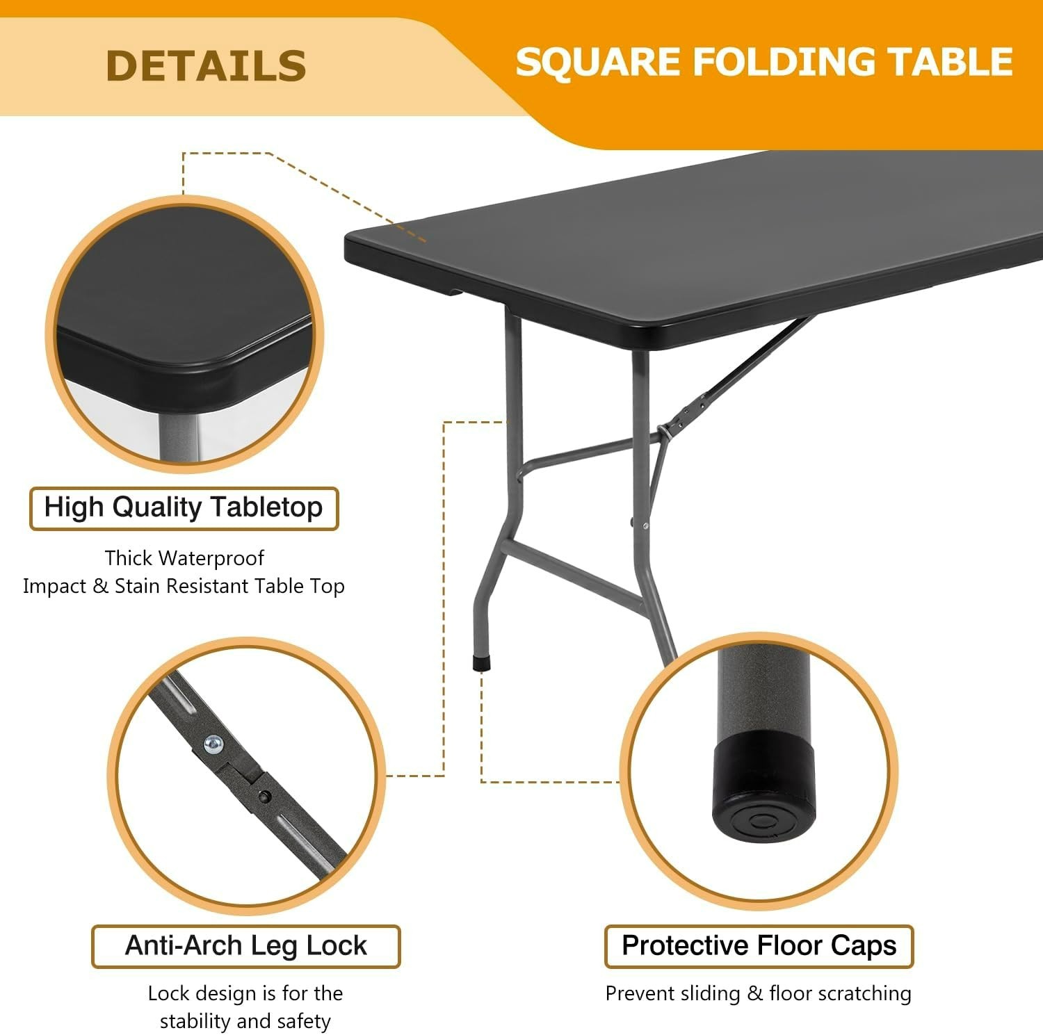 8FT Folding Table Half Portable Foldable Table Picnic Table for Office Home Camp