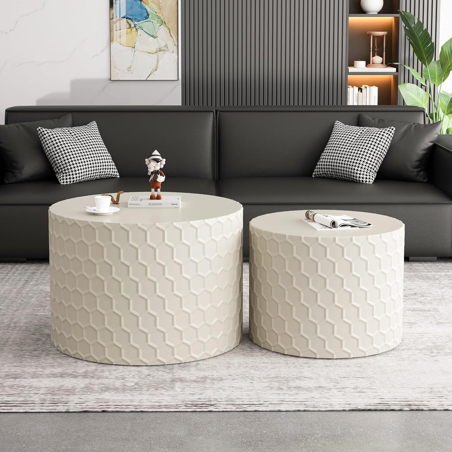 Modern Nesting Coffee Table Set of 2, Minimalist Wood Round Drum End Tables
