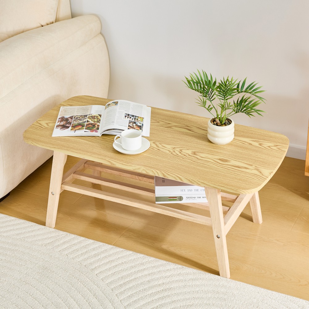 39 in solid wood coffee table – double-layer storage wooden center coffee table