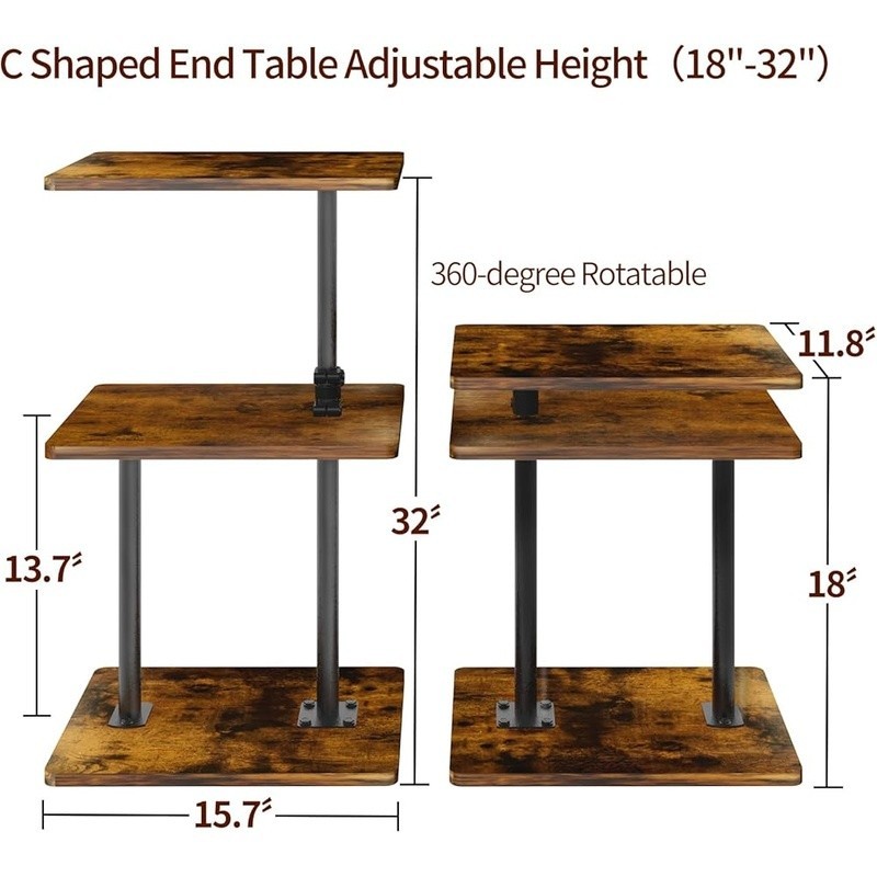 Height Adjustable Swivel End Table W/ Open Shelf Living Room & Bedroom New