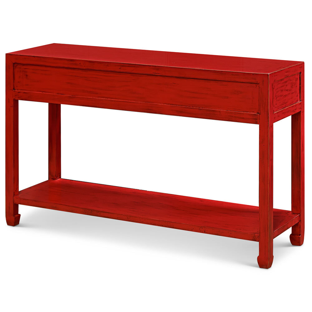 US Seller – Distressed Red Elmwood Chinese Ming Console Table 3 Drawers