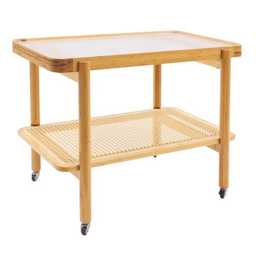 Side Table Nature Rattan Glass End Table 2-Tier with Storage Bamboo Table