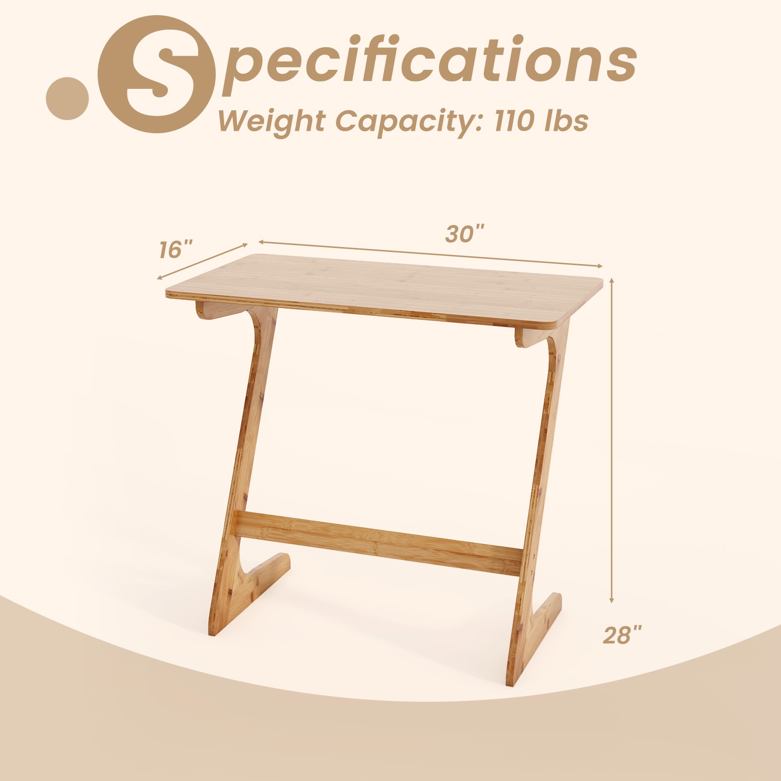 Bamboo Sofa Side Table Z-Shaped Spacious Tabletop Space-Saving TV Snack Tray