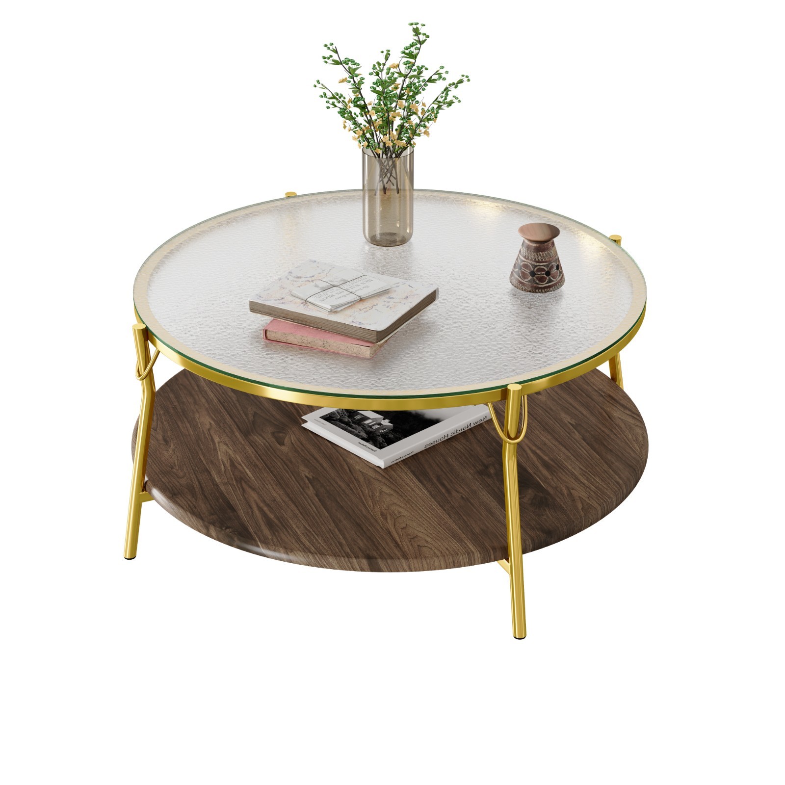 Modern Round Coffee Table Center Table w/ Tempered Glass Tabletop Gold Metal Leg