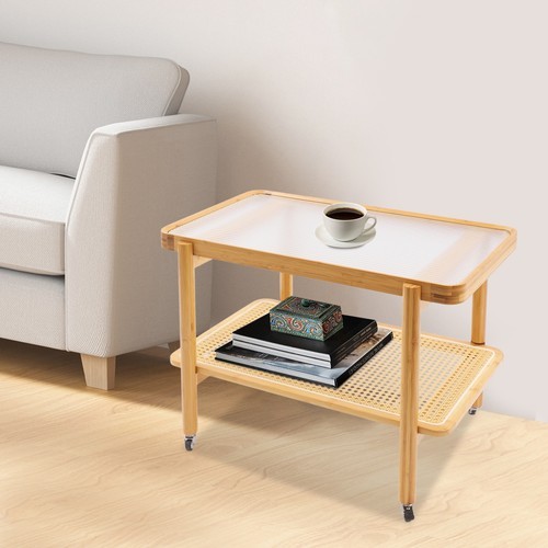 Side Table Nature Rattan Glass End Table 2-Tier with Storage Bamboo Table