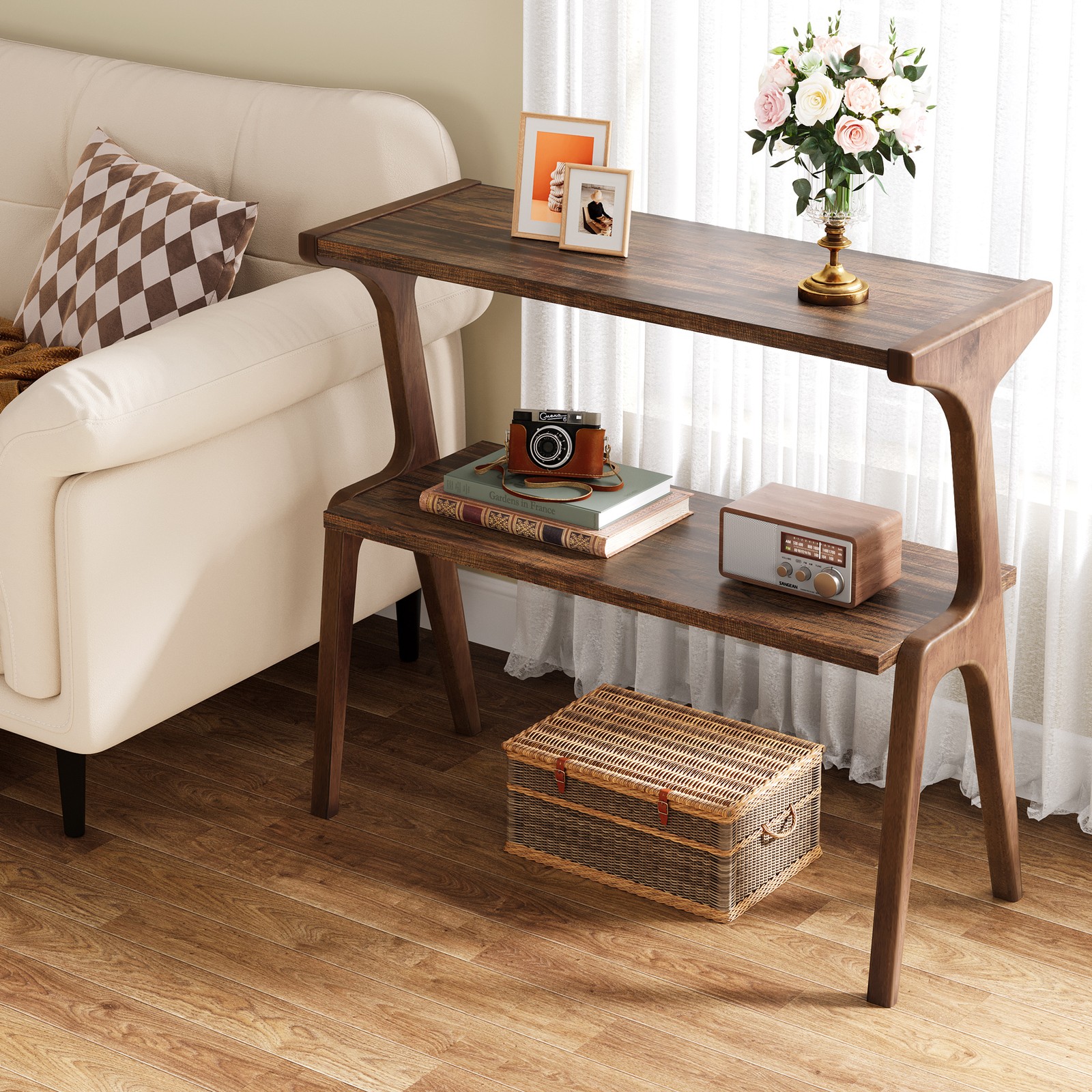 Solid Wood End Table, 2-Tier Side Table with Storage Shelf for Living Room,Brown