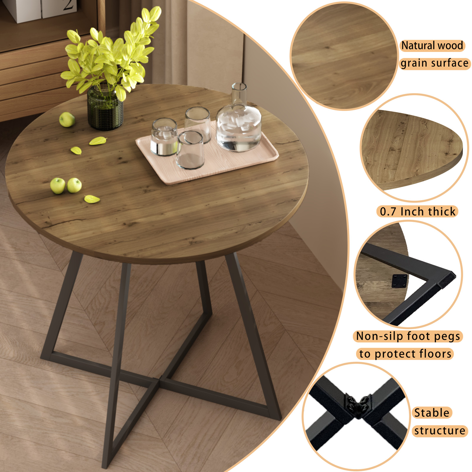 31.5 Inch Round Dining Table Brown MDF Top Black Metal Legs