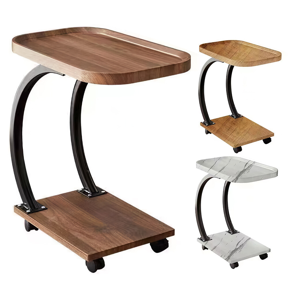 C-Shaped Side Table with Wheels Mobile End Table with Metal Frame Nightstand