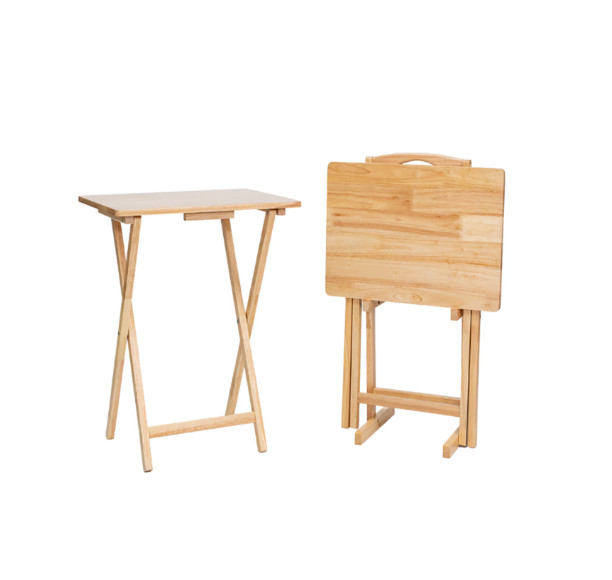 Rubberwood Folding TV Tray Table Set 2Pc Natural with Storage Rack