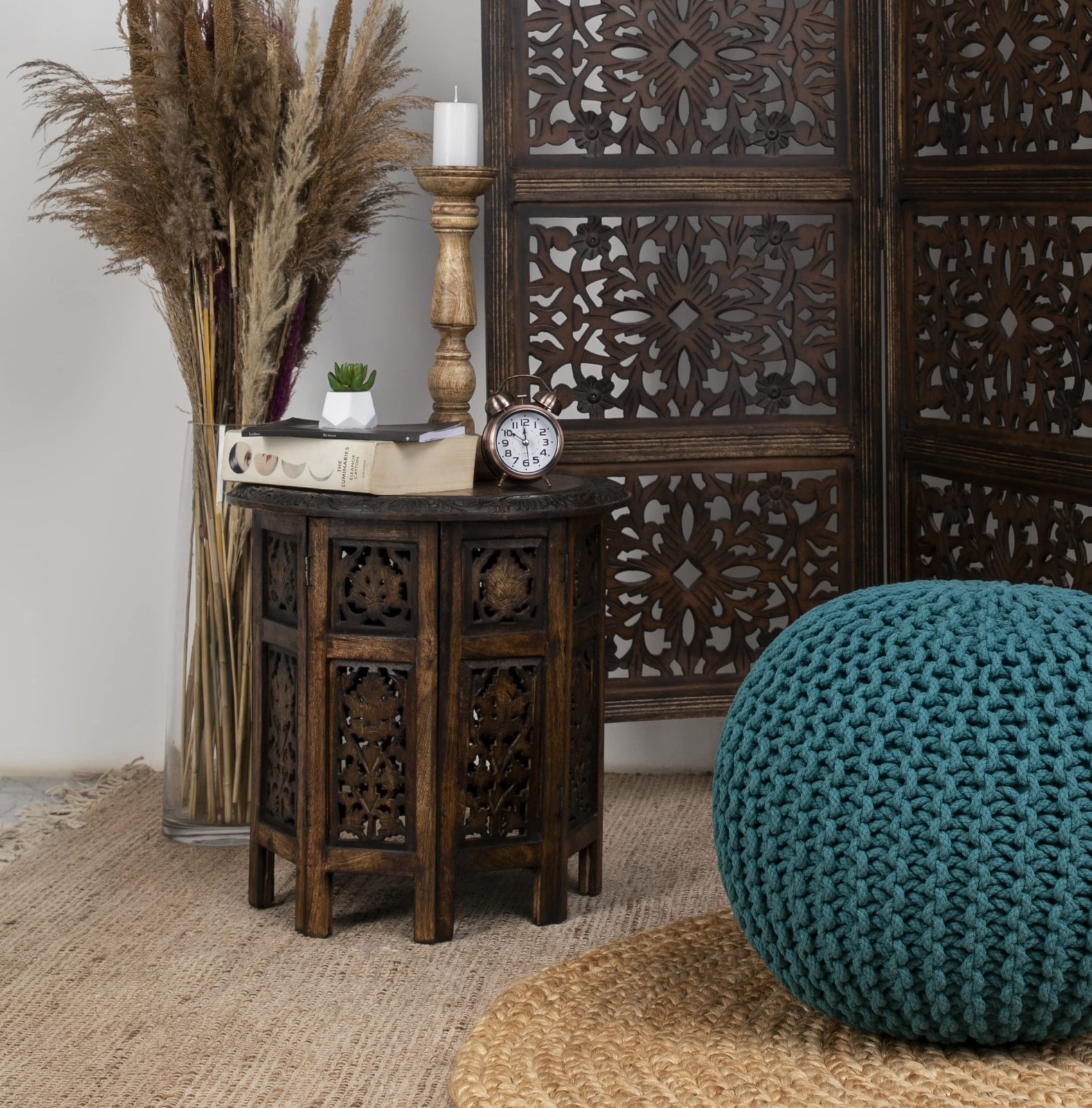 Solid Wood Accent End Table – Hand Carved Vintage Boho Folding Side Table – S…