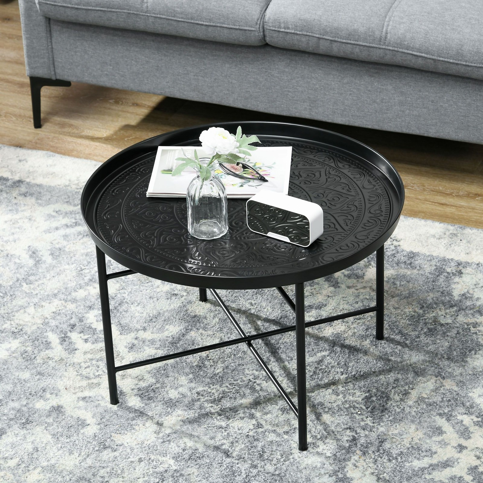 Durable Side Table with Hammered Top, 24in Wide, 15.7in High, Black