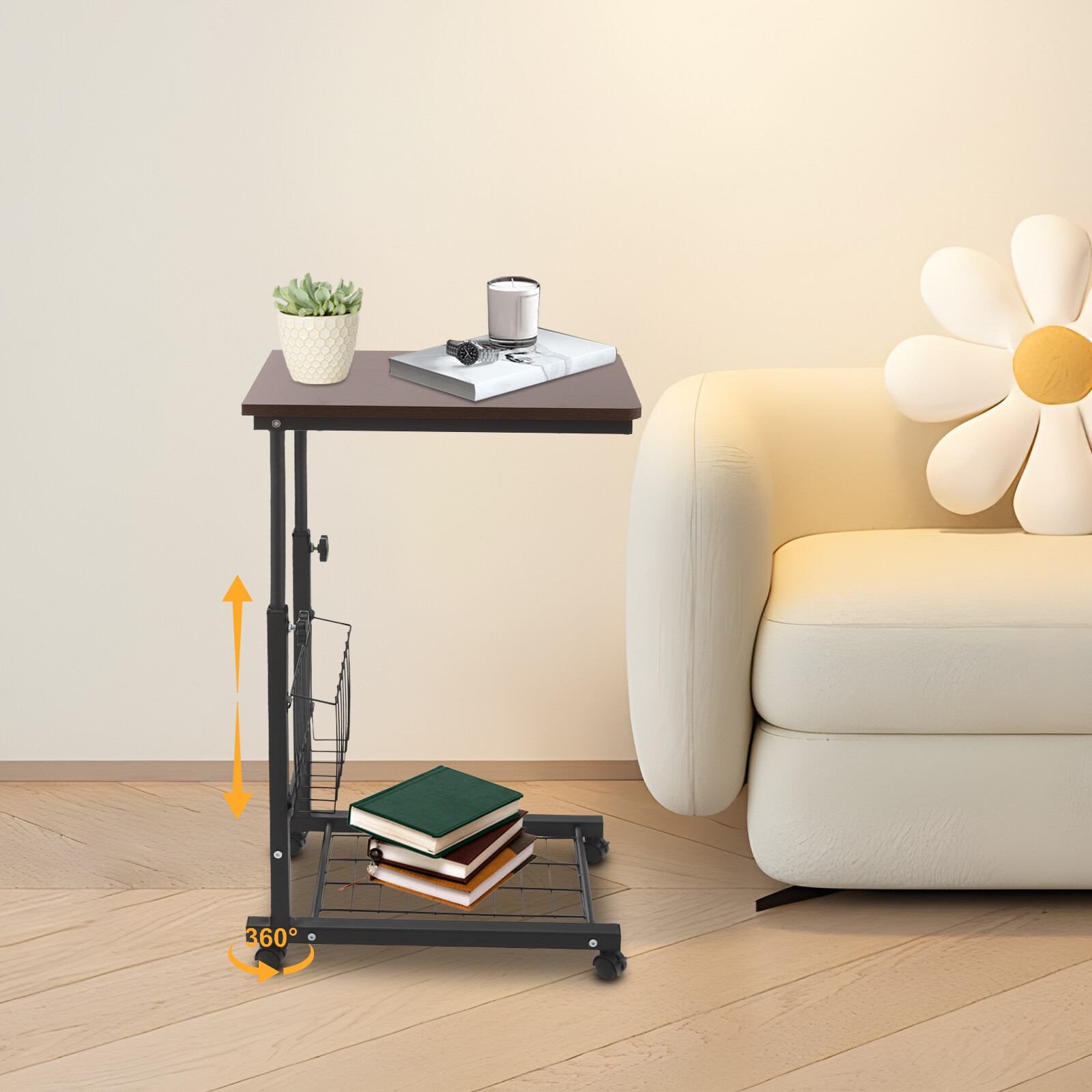 2 Tiers Red Walnut Color Mobile Standalone Adjustable Bed Side Table w/ Wheels
