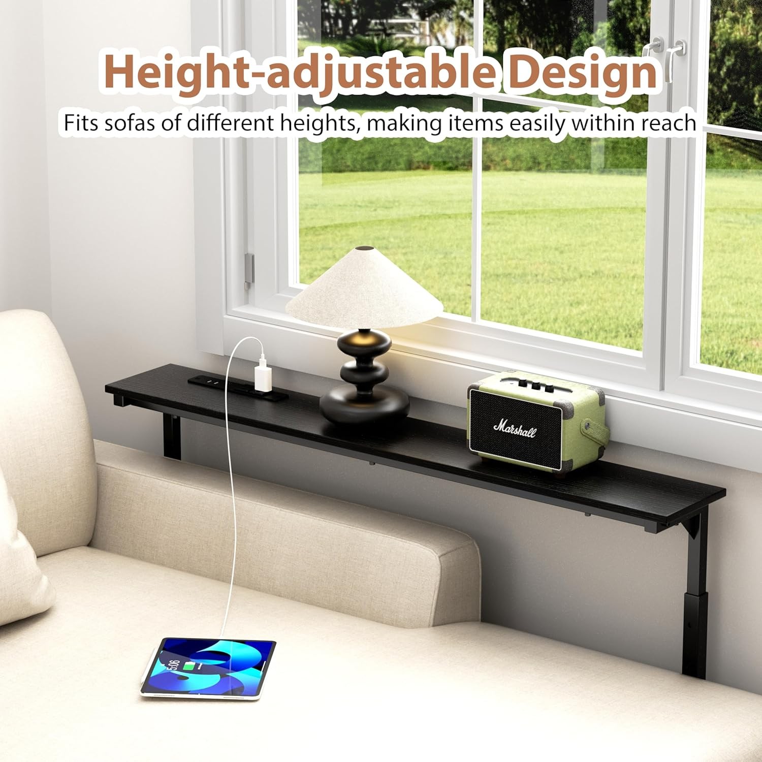 45″ Adjustable Height Narrow Console Table W/ Power Outlets Long Sofa Table