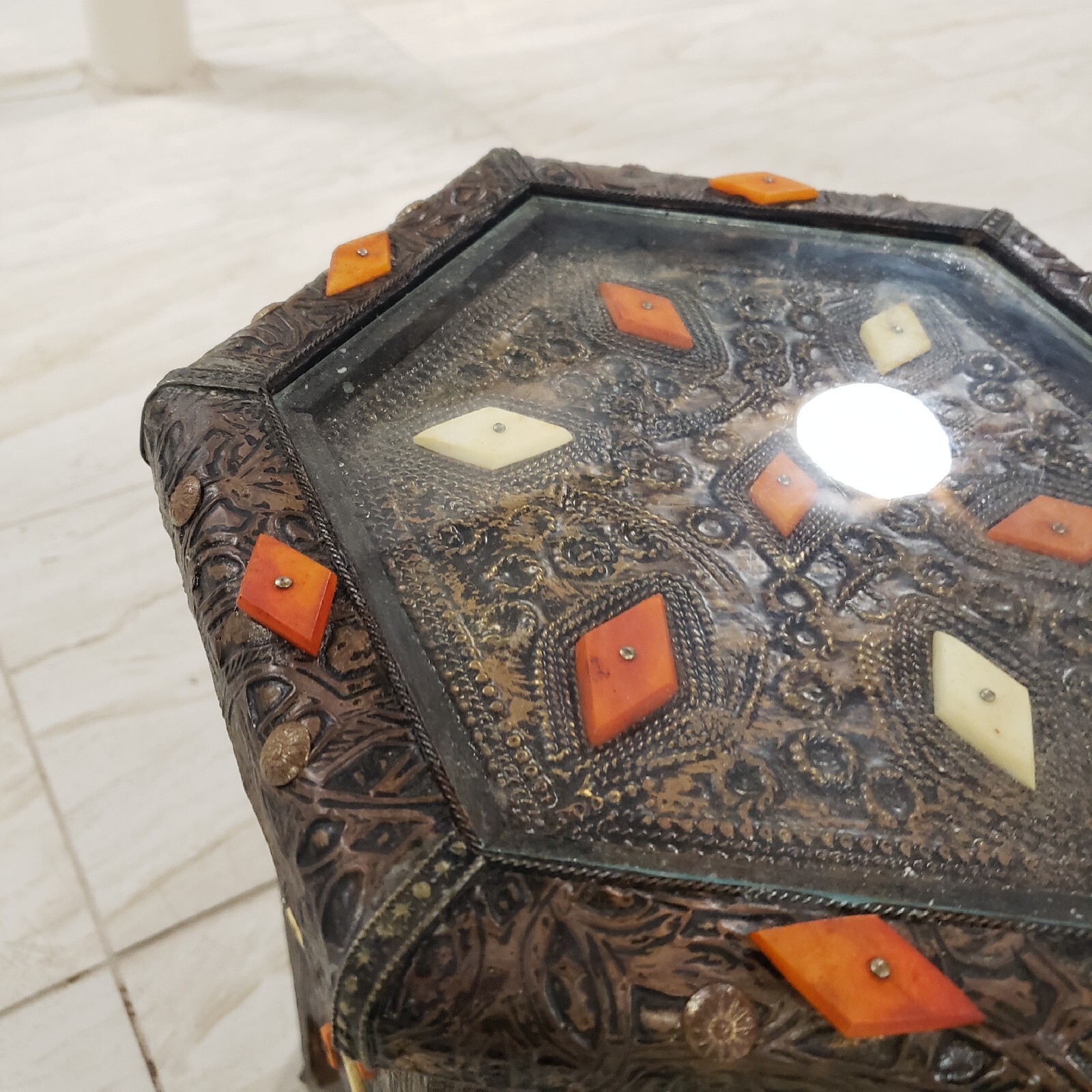 Unique Moroccan Side Table, Handmade Brass, and Inlaid Camel Bones