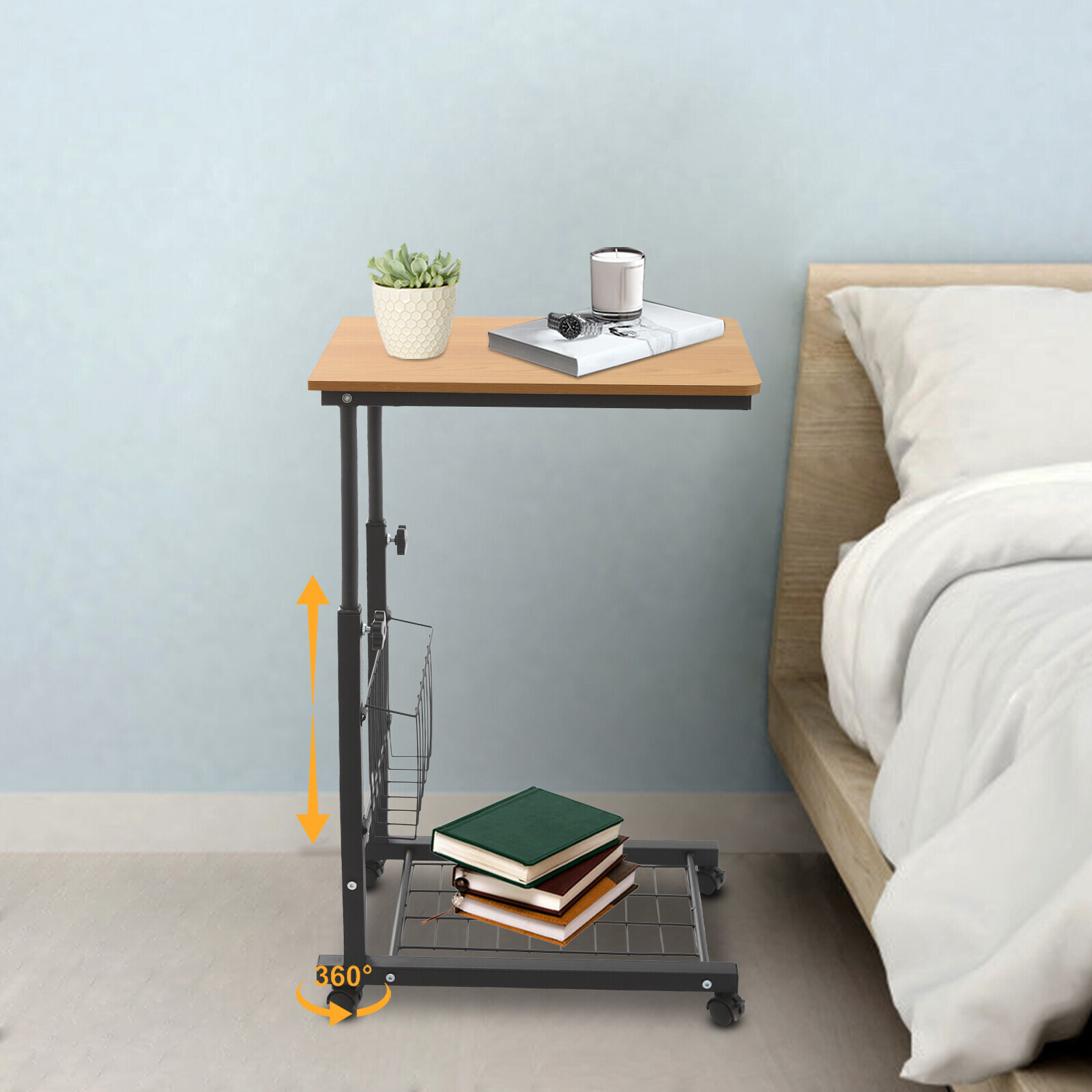 2 Tiers Adjustable Bed Side Table Teak Color Mobile Standalone Table w/ Wheels