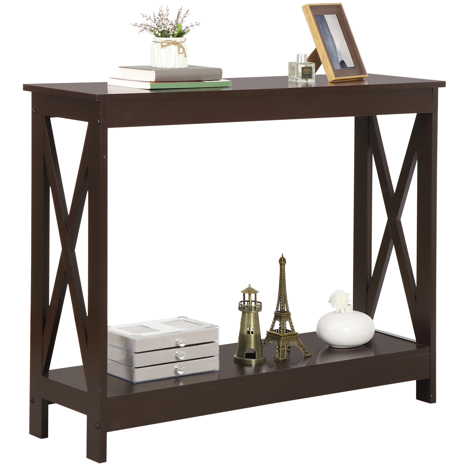 2-Tier Console Table Sofa Side Table Storage Shelf for Entryway Hallway Brown