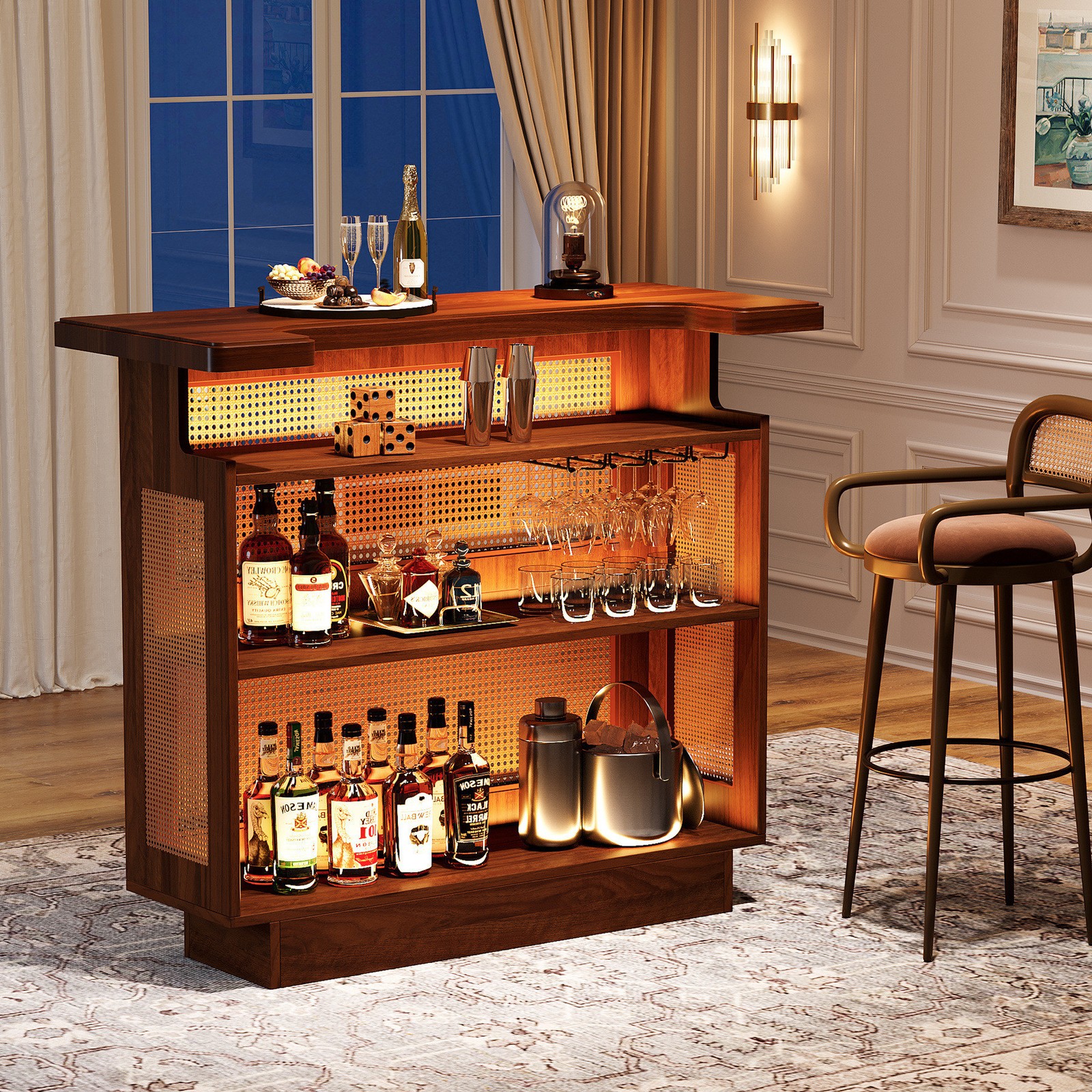 Modern Bar Table, 4-Tier Home Bar Unit with Wine Racks & Glass Holder for Bistro