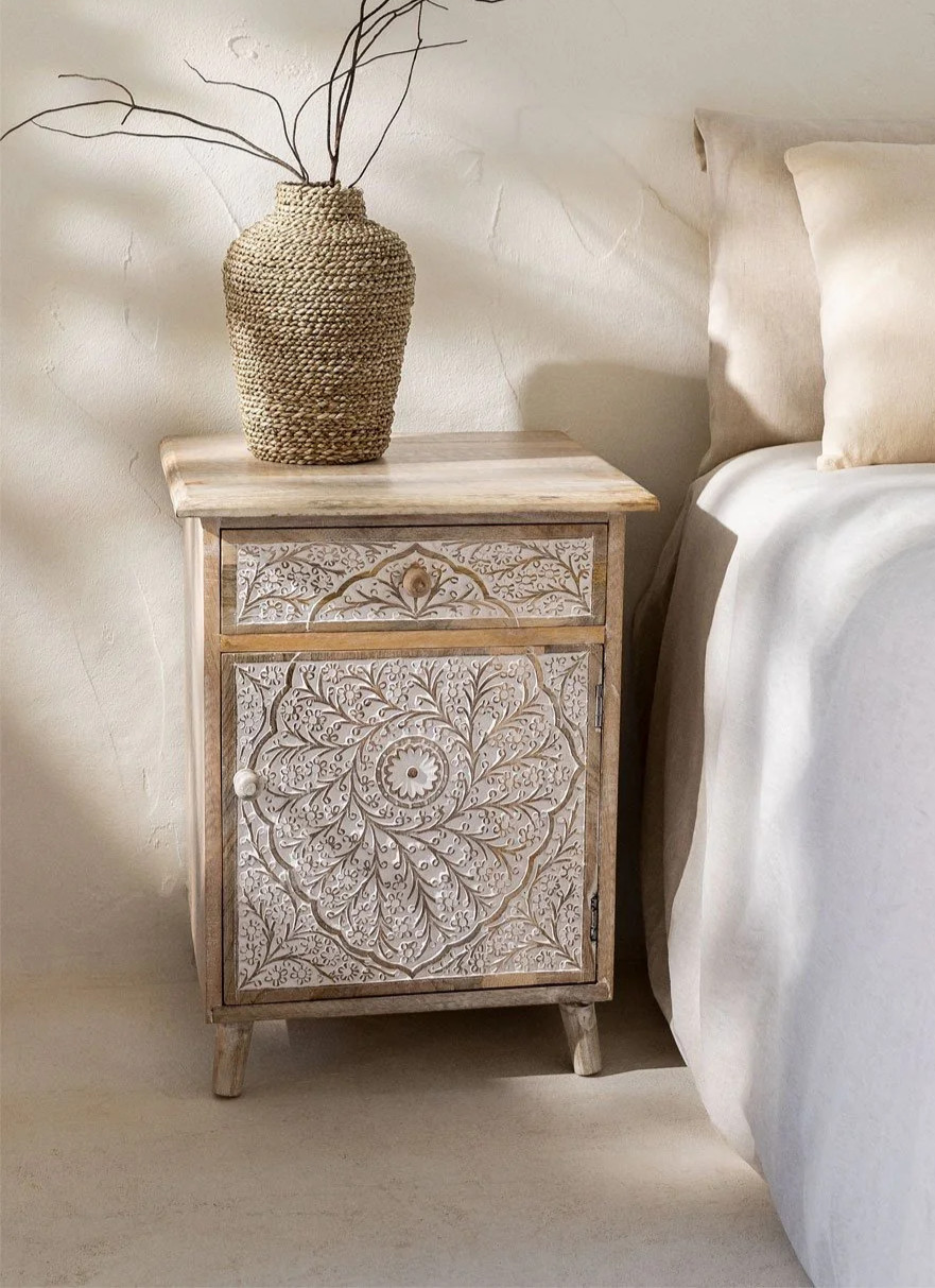 Artisan Handmade Bedside Table Solid Wood Hand Carved 17.5 × 15.6 × 23.2 inches