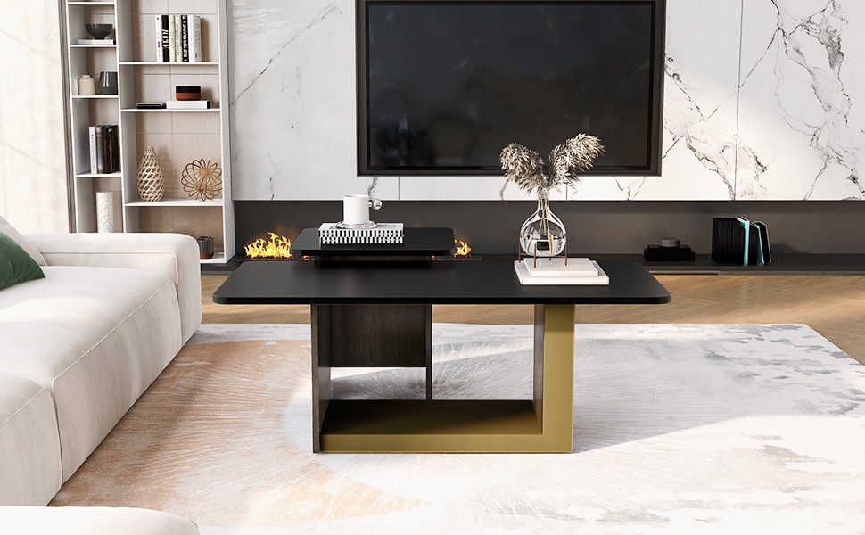 Modern Light Luxury Coffee Table Set of 2, Square MDF & Metal, Black