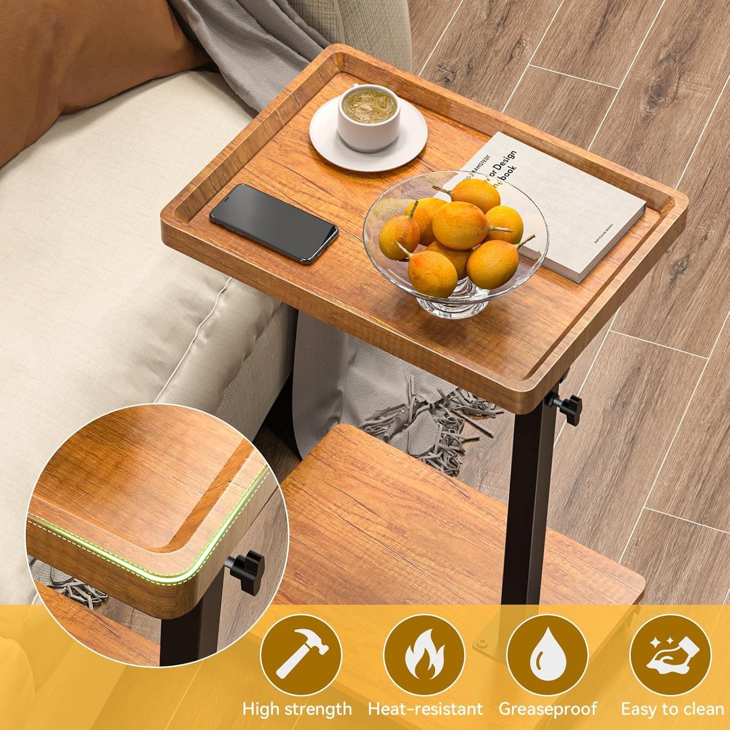 Adjustable Height Swivel C Side Table with Wheels for Sofa Bed Living Room