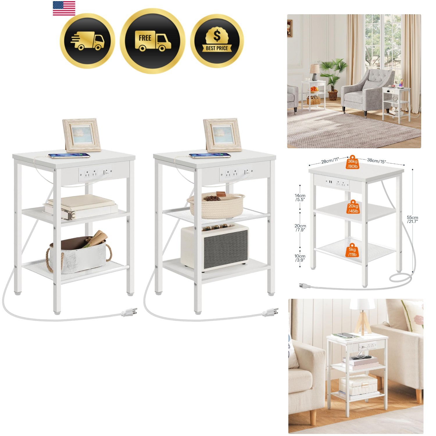Side Tables Set of 2 with Charging Station USB Ports Small Space Nightstands