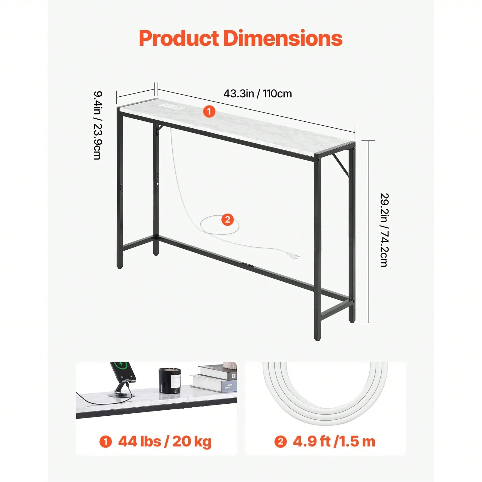 Marble Console Table with Power Outlet Narrow Behind Sofa Entryway Table